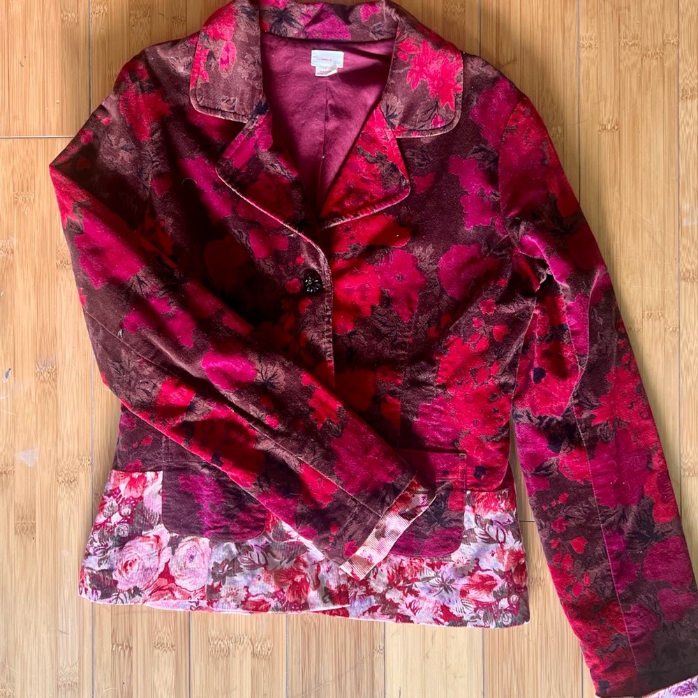 Floral Corduroy Jacket / Blazer – Burgundy & Magenta Patchwork Style